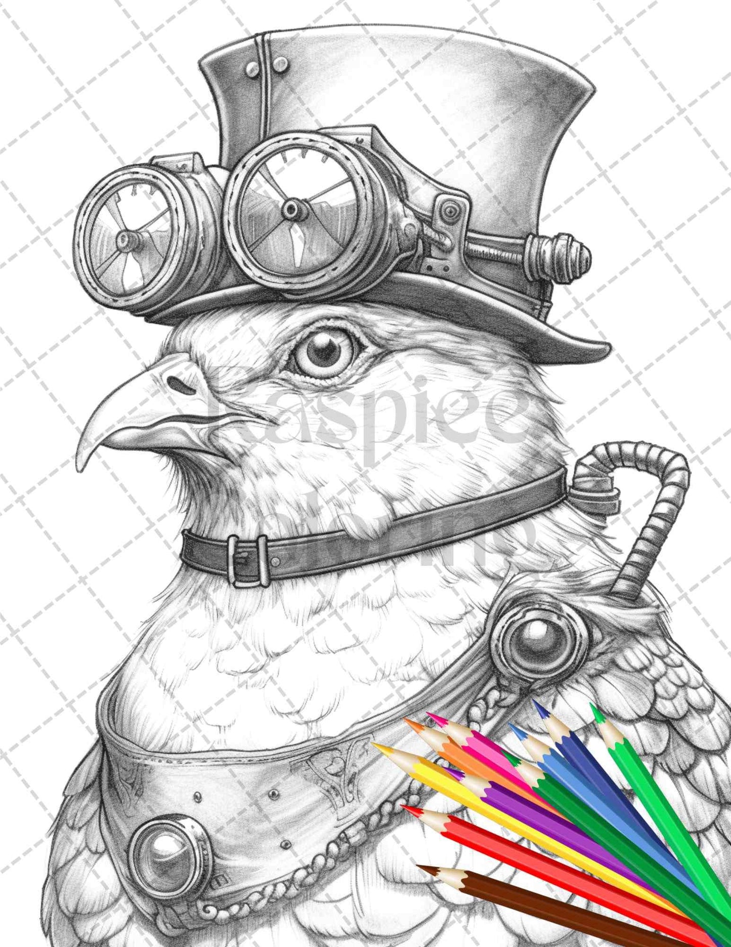 45 Steampunk Animals Grayscale Coloring Pages Printable for Adults Vol. 2, PDF File Instant Download