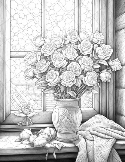 40 Captivating Roses Grayscale Coloring Pages Printable for Adults, PDF File Instant Download