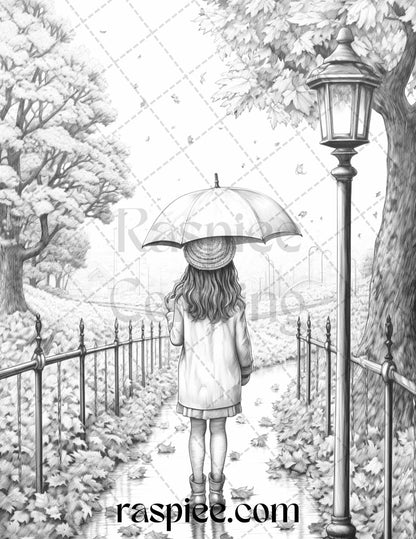 40 Rainy Autumn Day Grayscale Coloring Pages Printable for Adults and Kids, PDF File Instant Download