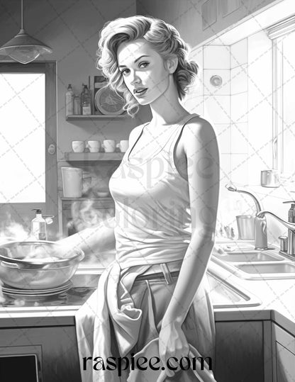 40 Retro Housewives Grayscale Coloring Pages for Adults, Printable PDF File Instant Download