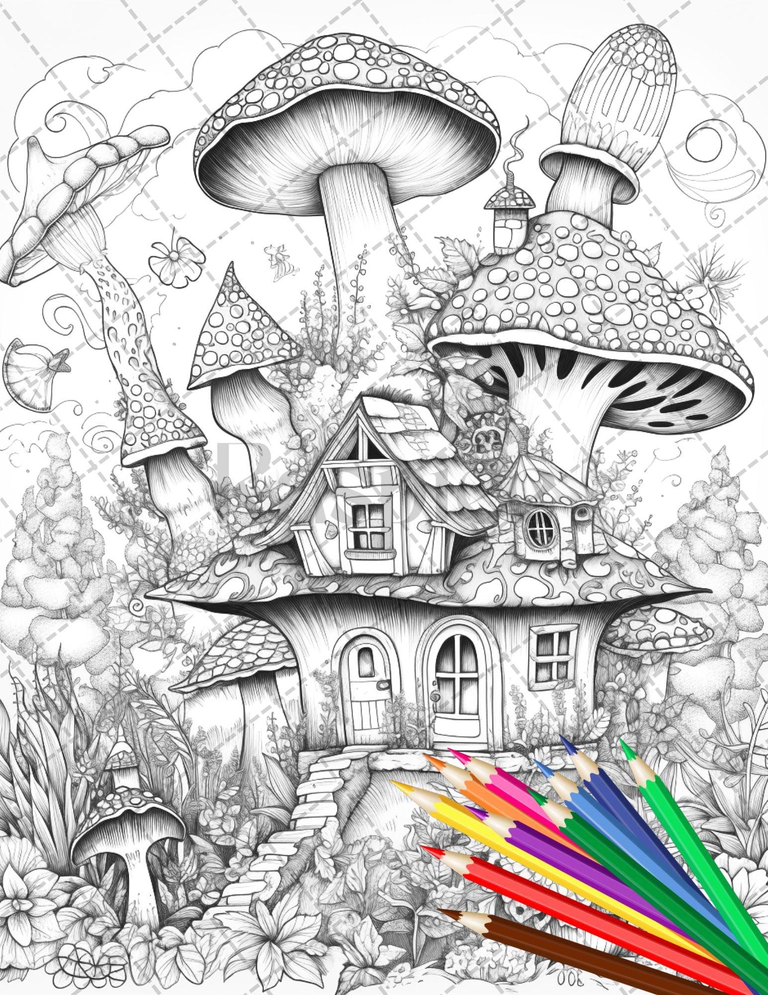 32 Whimsical Mushroom House Coloring Pages for Adults, Grayscale Coloring Book, Printable PDF File Download