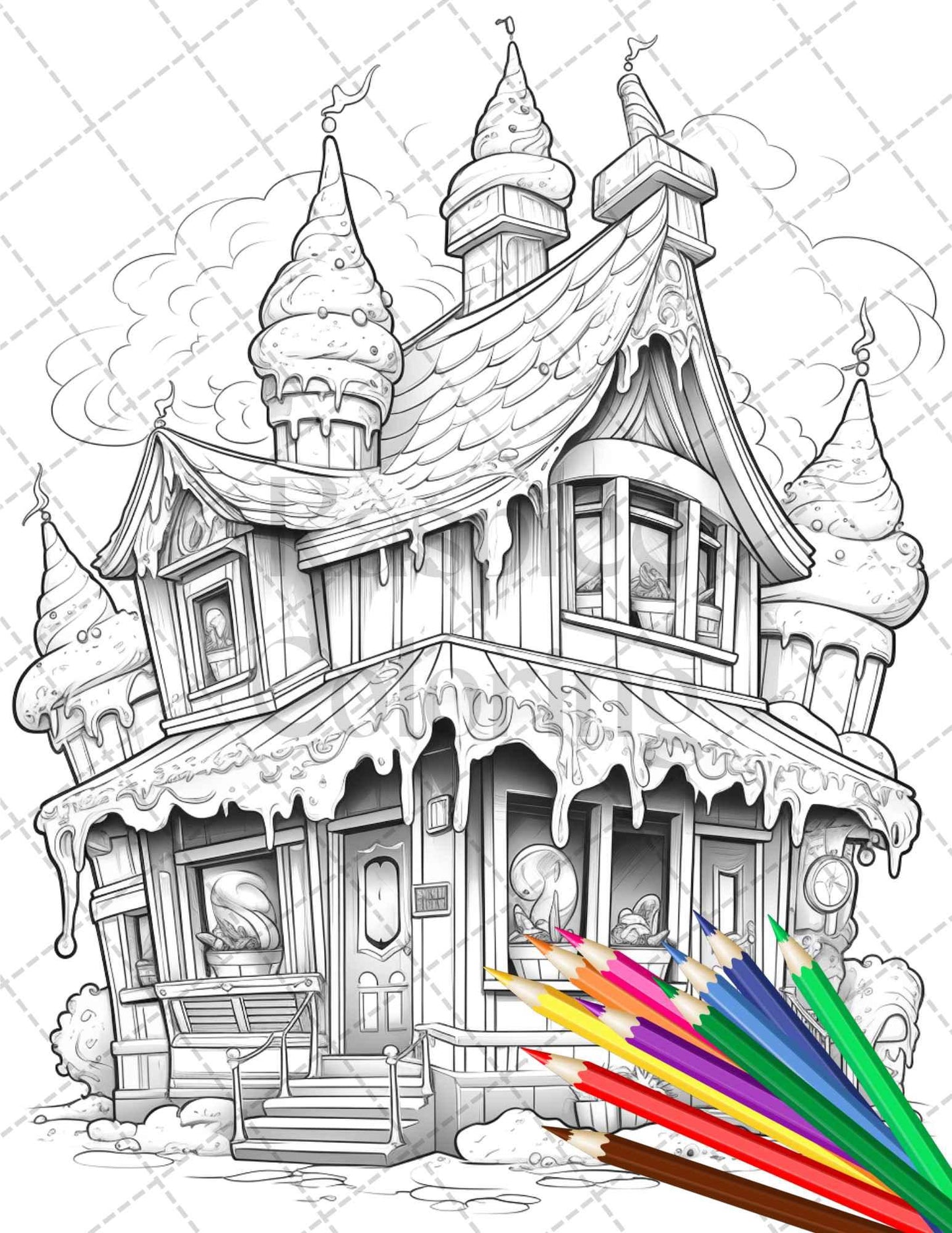 33 Ice Cream Houses Grayscale Coloring Pages Printable for Adults and Kids, PDF File Instant Download