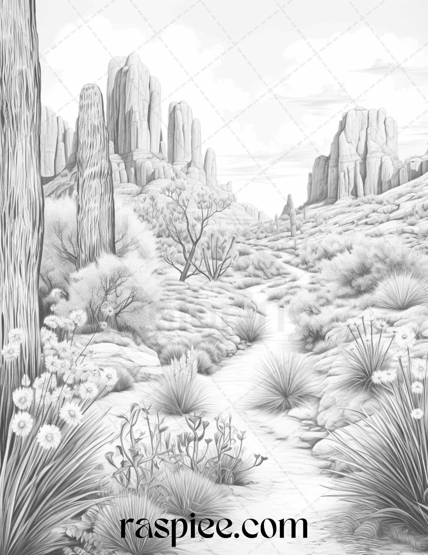 40 Desert Landscapes Grayscale Coloring Pages Printable for Adults, PDF File Instant Download