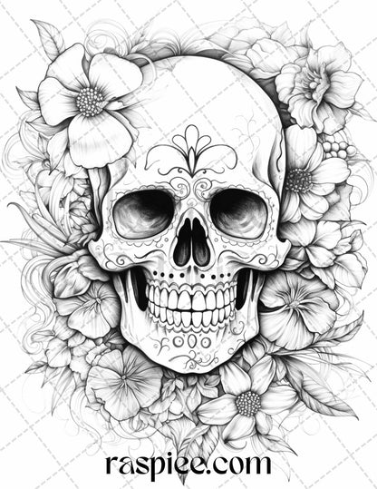 42 Floral Skull Grayscale Coloring Pages for Adults, Stress Relief Coloring Sheets, Printable PDF File Instant Download