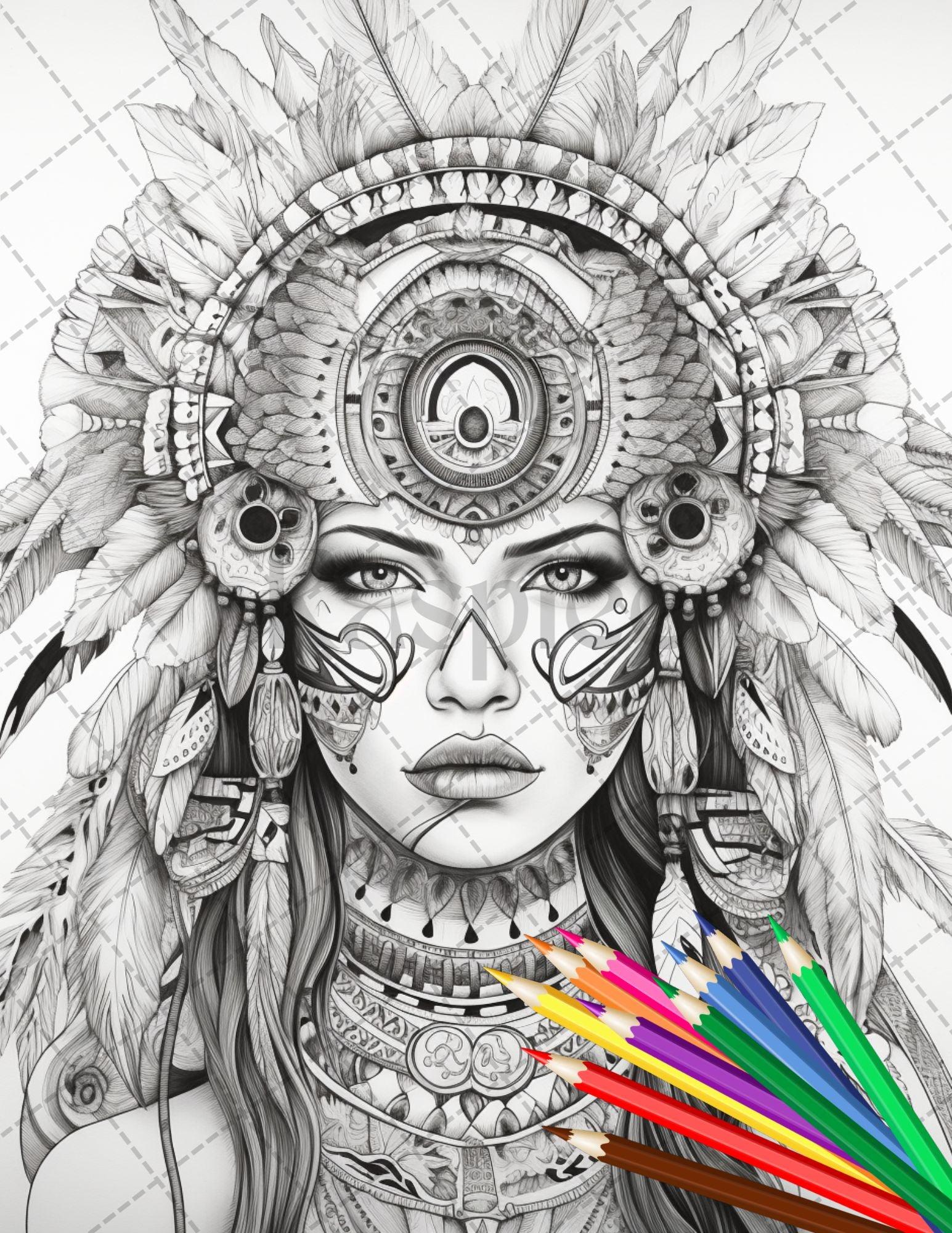 30 Native American Girls Printable Coloring Pages for Adult, Native American Culture Grayscale Coloring Book, Printable PDF File Download