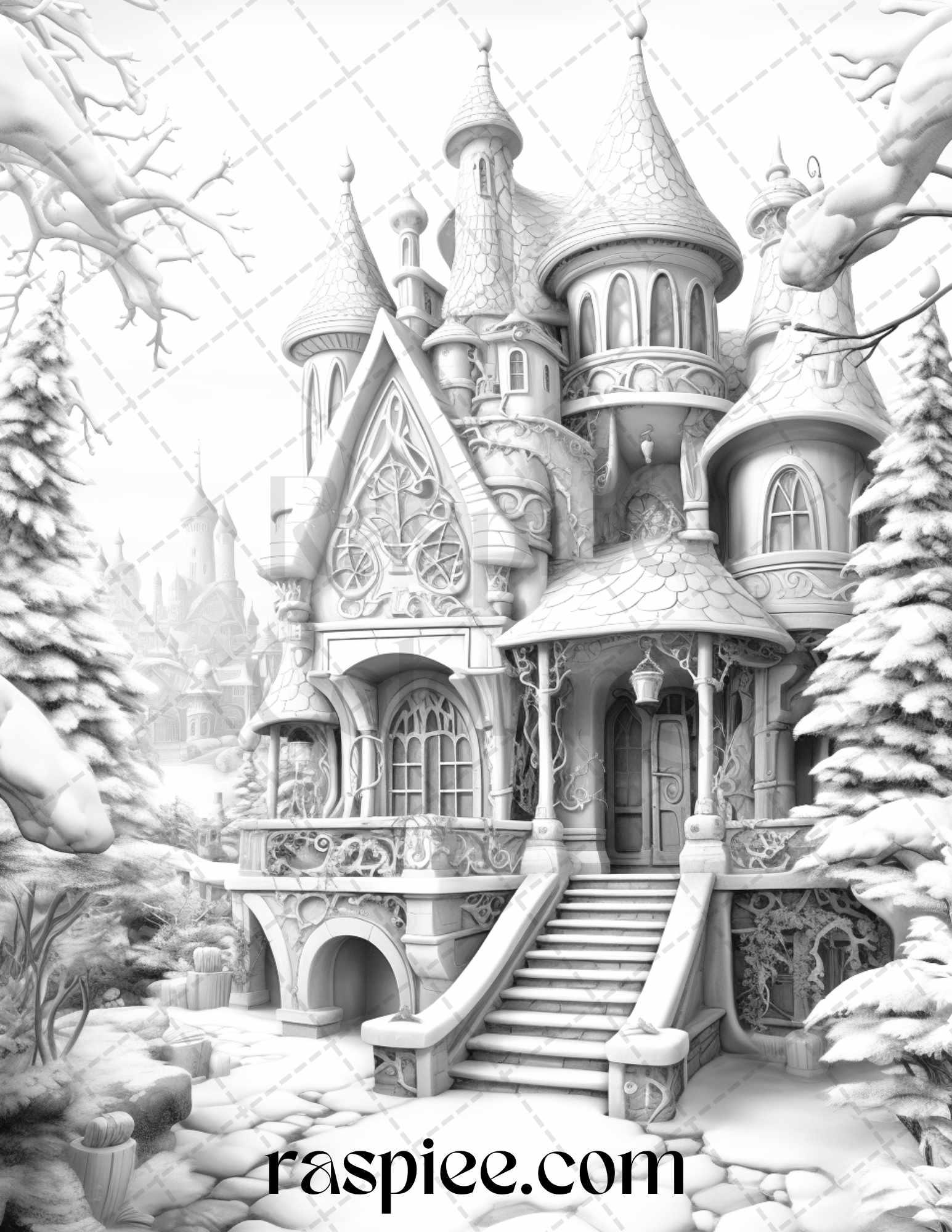 42 Fantasy Christmas Houses Grayscale Coloring Pages Printable for Adults, PDF File Instant Download