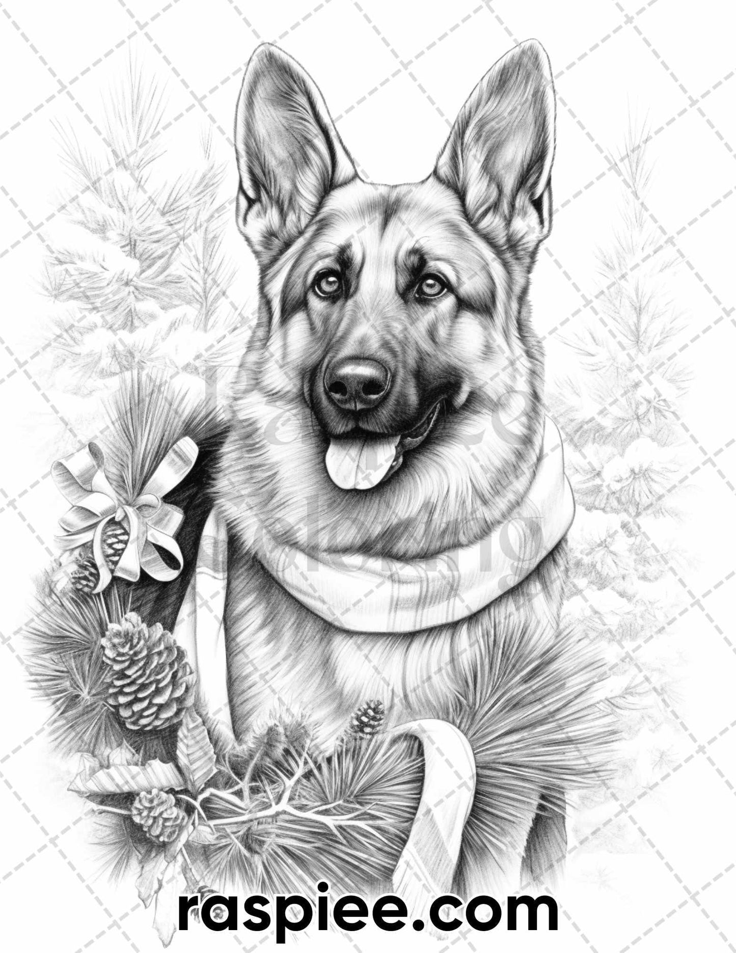 45 Christmas Dogs Grayscale Coloring Pages for Adults, Printable PDF Instant Download