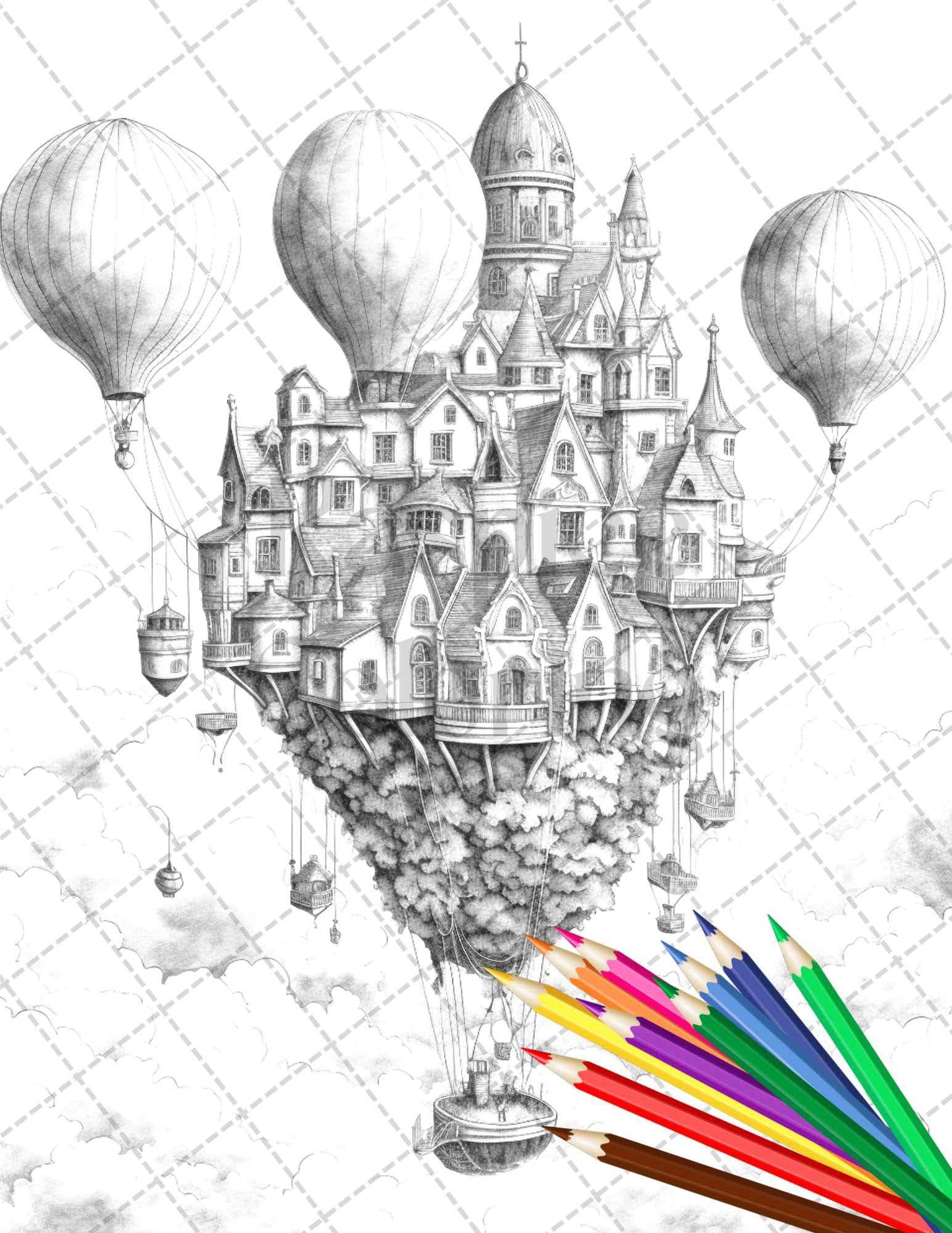 40 Fantasy Sky Houses Grayscale Coloring Pages Printable for Adults, PDF File Instant Download