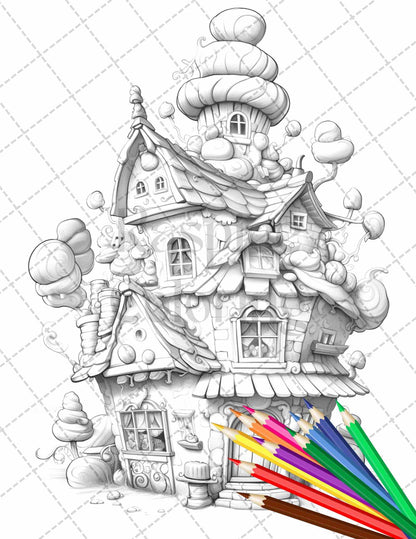 50 Adorable Cake Houses Grayscale Coloring Pages Printable for Adults and Kids, PDF File Instant Download