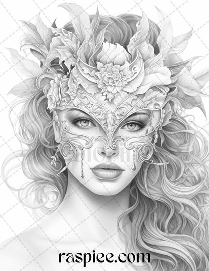 40 Masquerade Girls Grayscale Coloring Pages Printable for Adults, PDF File Instant Download