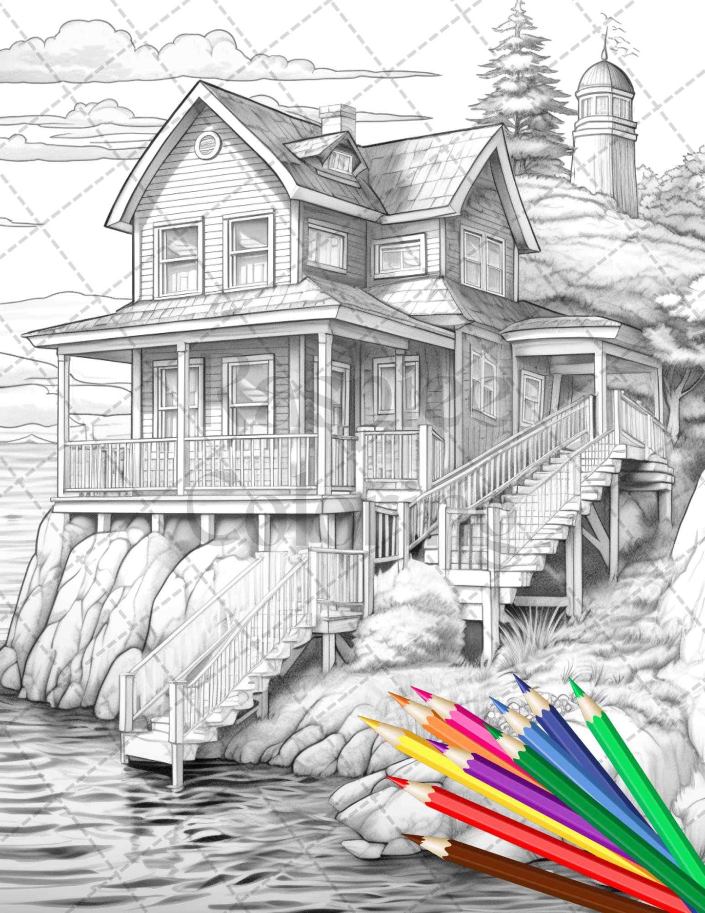 42 Wooden Beach Houses Grayscale Coloring Pages Printable for Adults, PDF File Instant Download