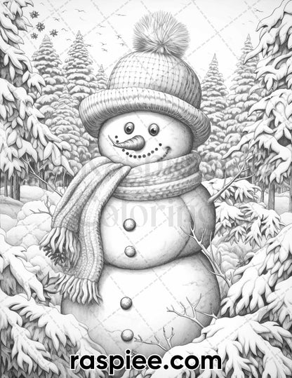 40 Chistmas Snowman Grayscale Coloring Pages for Adults, Printable PDF Instant Download