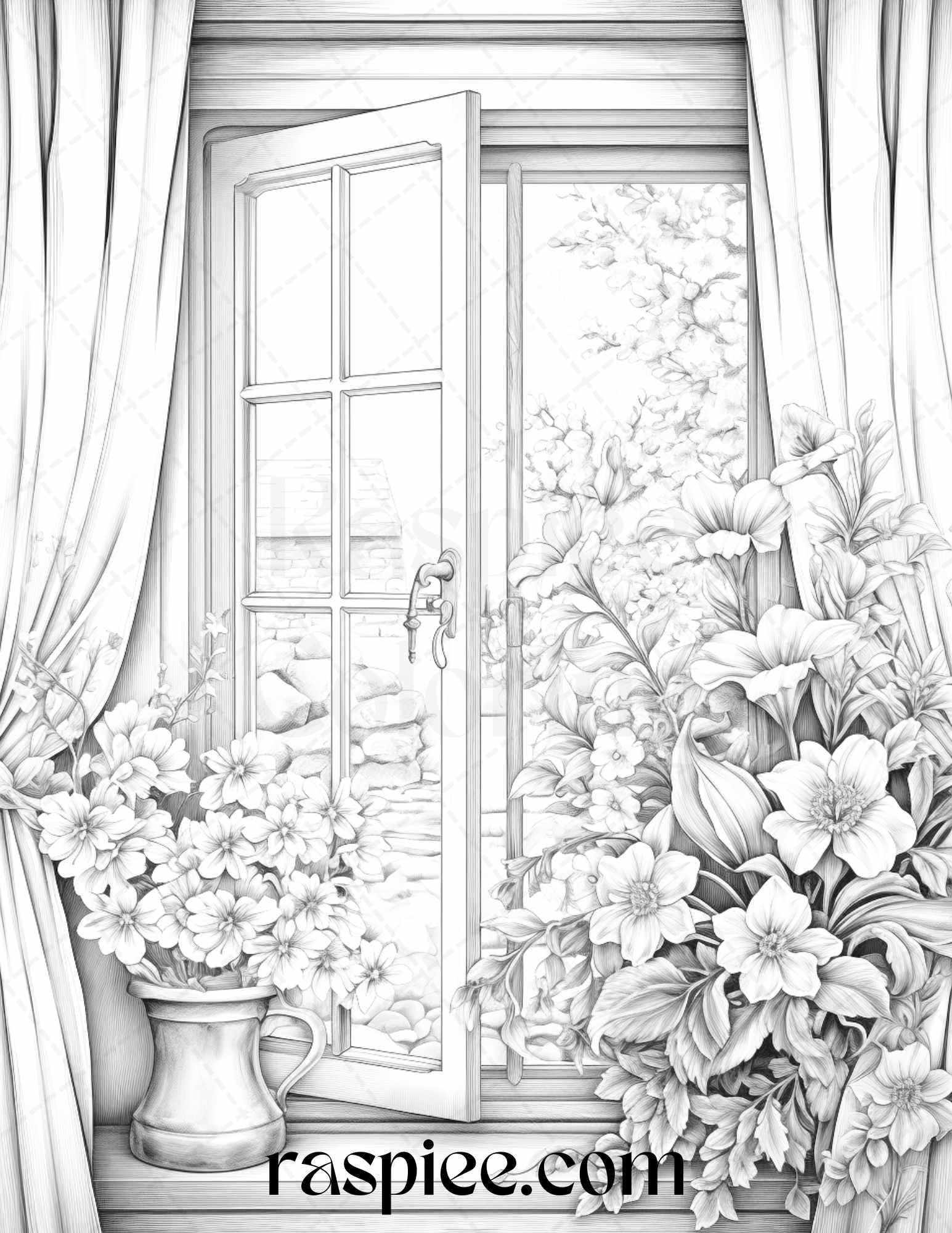 50 Blooming Windows Grayscale Coloring Pages Printable for Adults, PDF File Instant Download