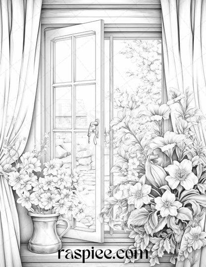 50 Blooming Windows Grayscale Coloring Pages Printable for Adults, PDF File Instant Download