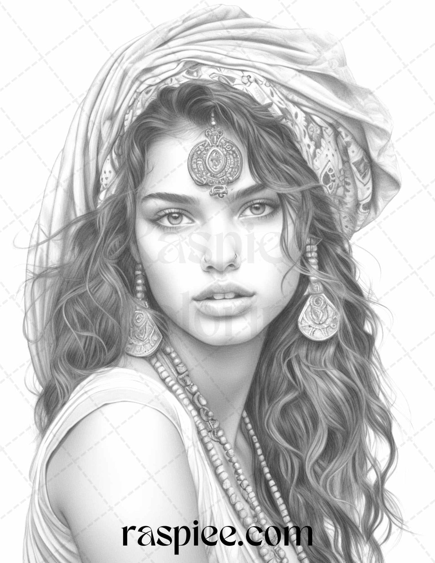 40 Beautiful Gypsy Girls Grayscale Coloring Pages Printable for Adults, PDF File Instant Download