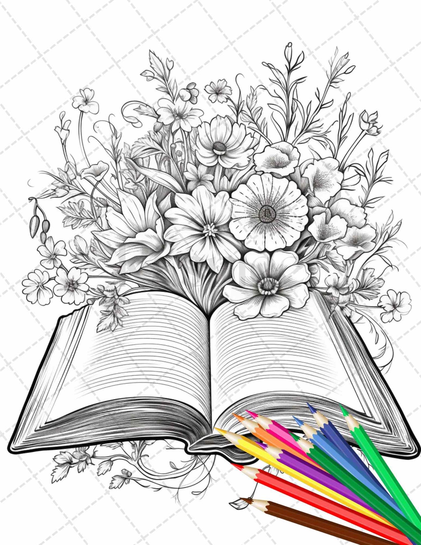 31 Book Flowers Coloring Pages Printable for Adults, Grayscale Coloring Page, PDF File Instant Download