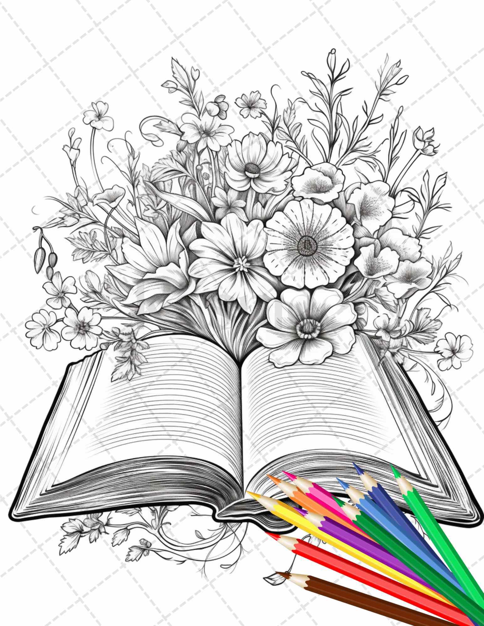 31 Book Flowers Coloring Pages Printable for Adults, Grayscale Coloring Page, PDF File Instant Download