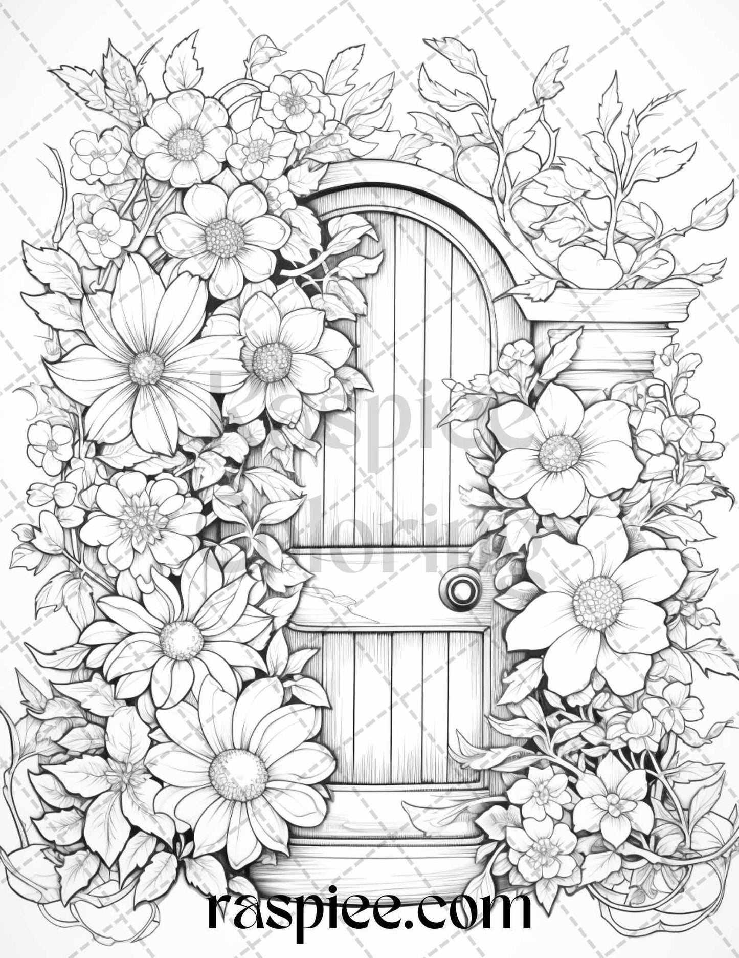 40 Flower Fairy Doors Grayscale Coloring Pages Printable for Adults, PDF File Instant Download