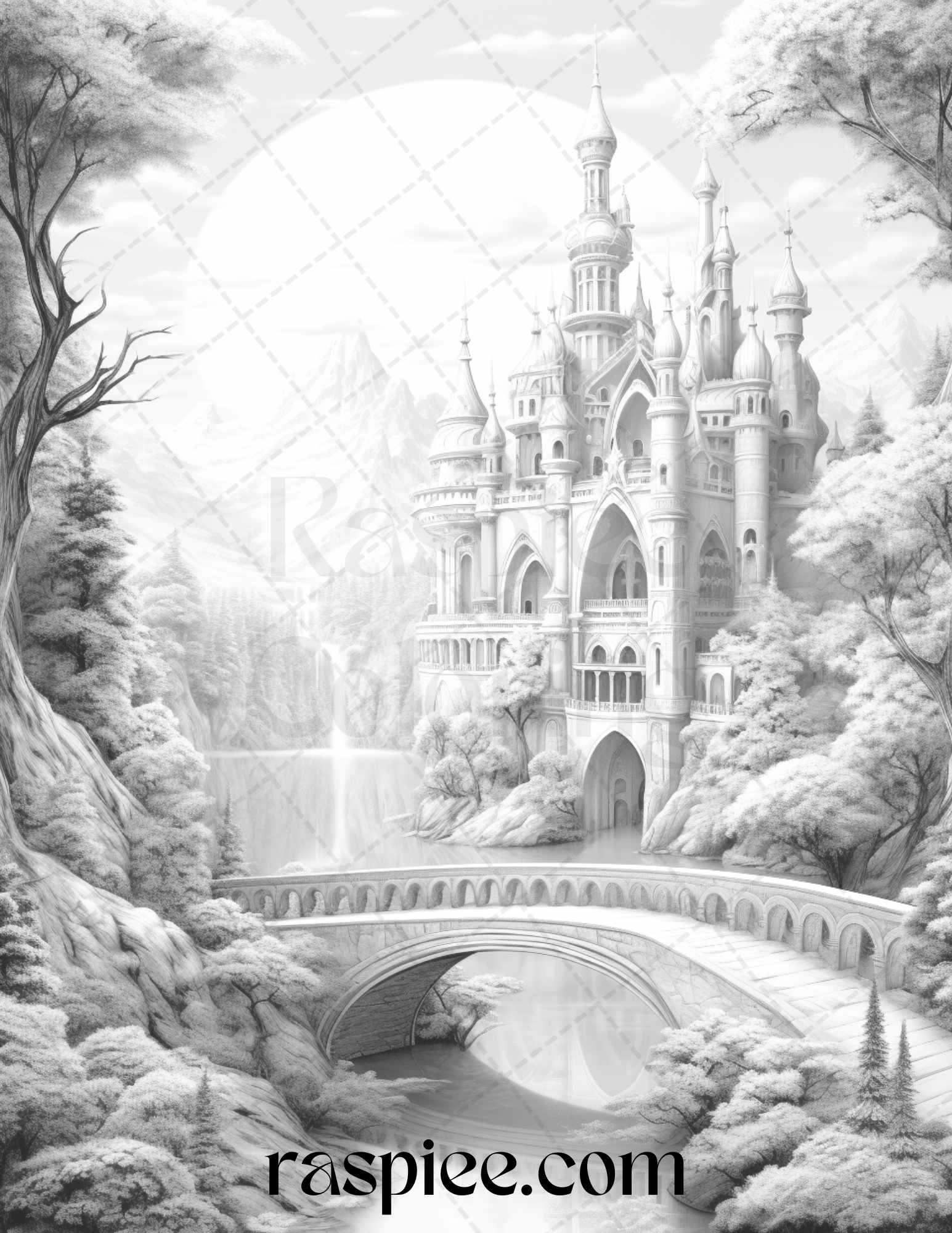 40 Fantasy Landscapes Grayscale Coloring Pages Printable for Adults, PDF File Instant Download