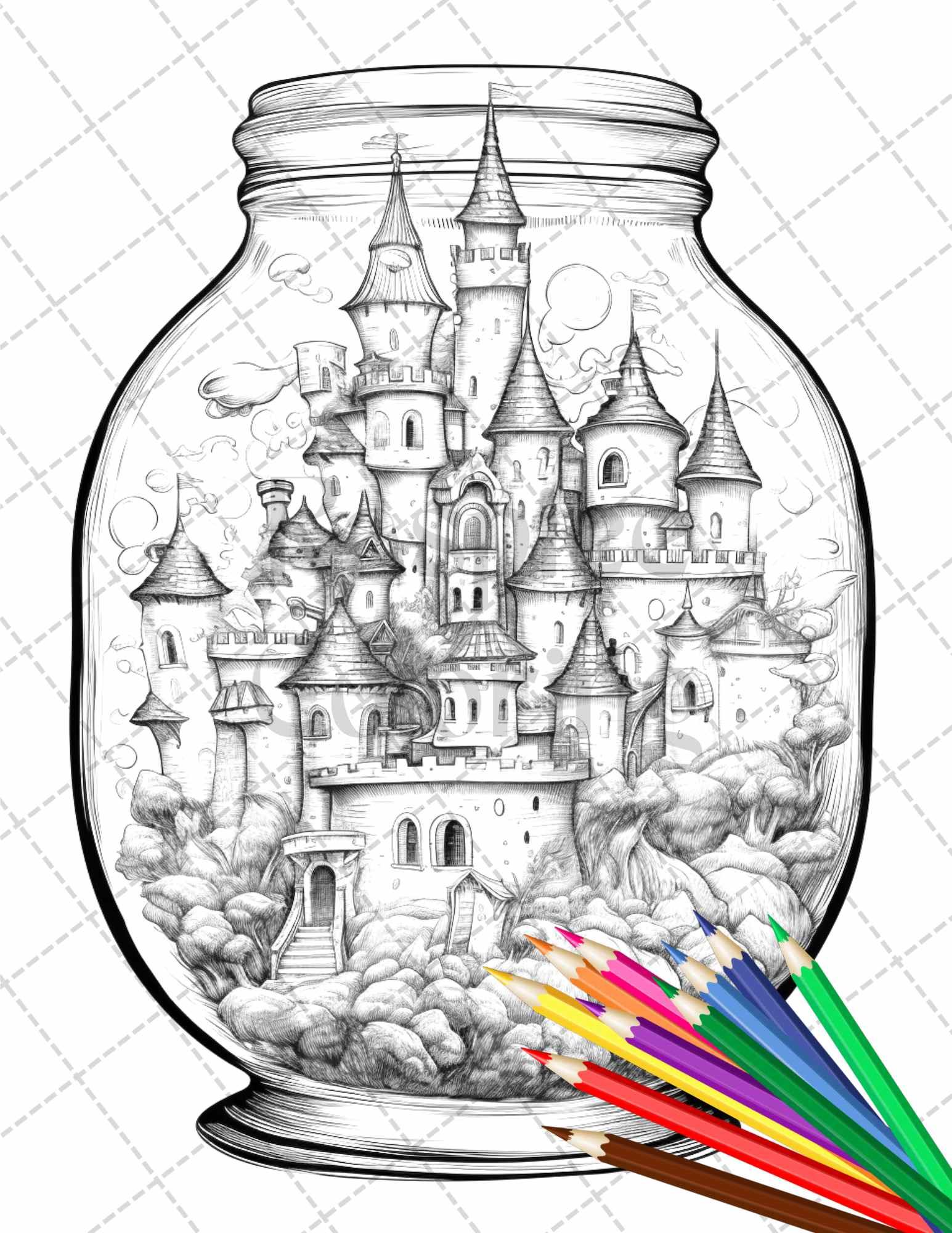 42 Fantasy Castle In Jar Grayscale Coloring Pages Printable for Adults, PDF File Instant Download