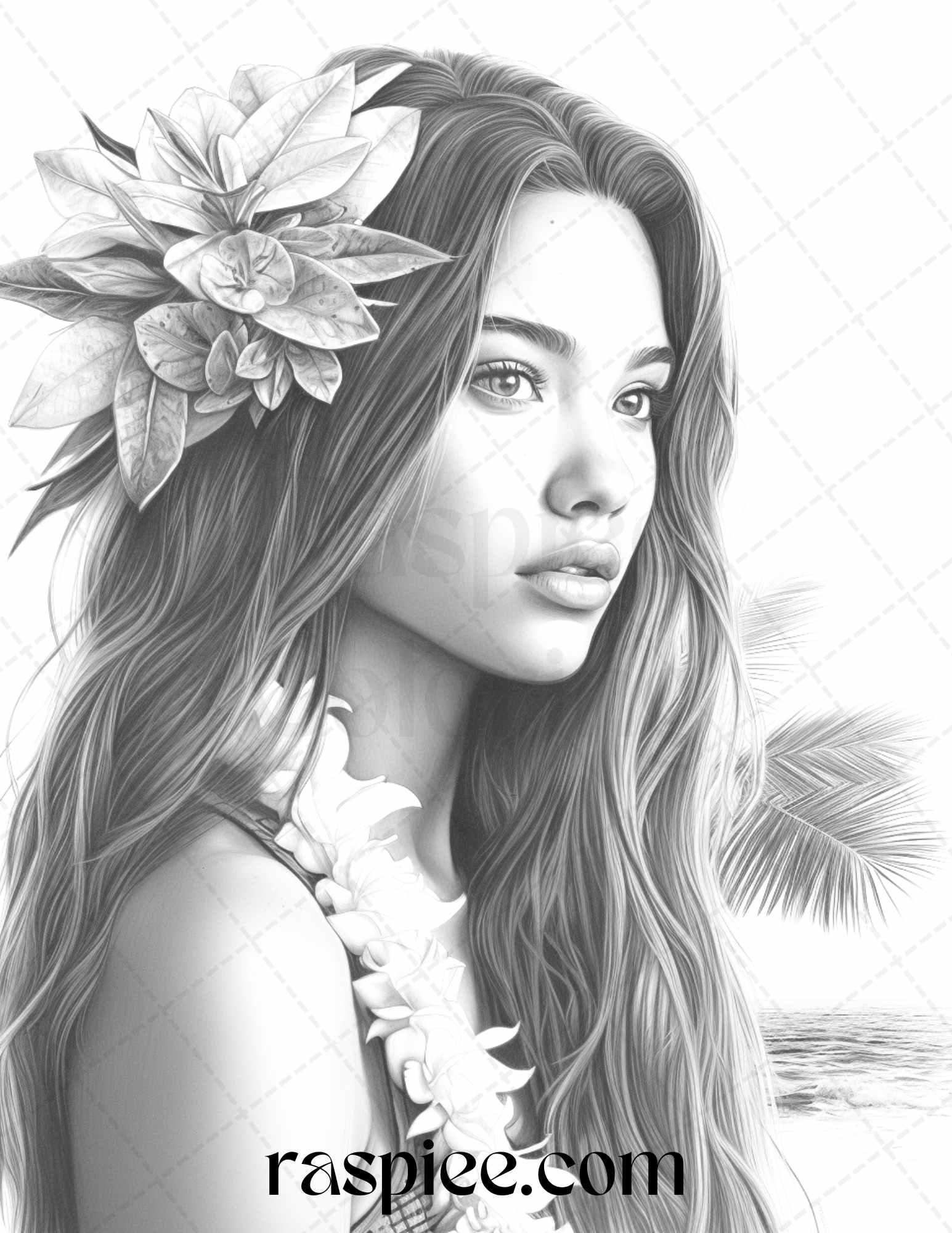 40 Hawaiian Girls Grayscale Coloring Pages Printable for Adults, PDF File Instant Download