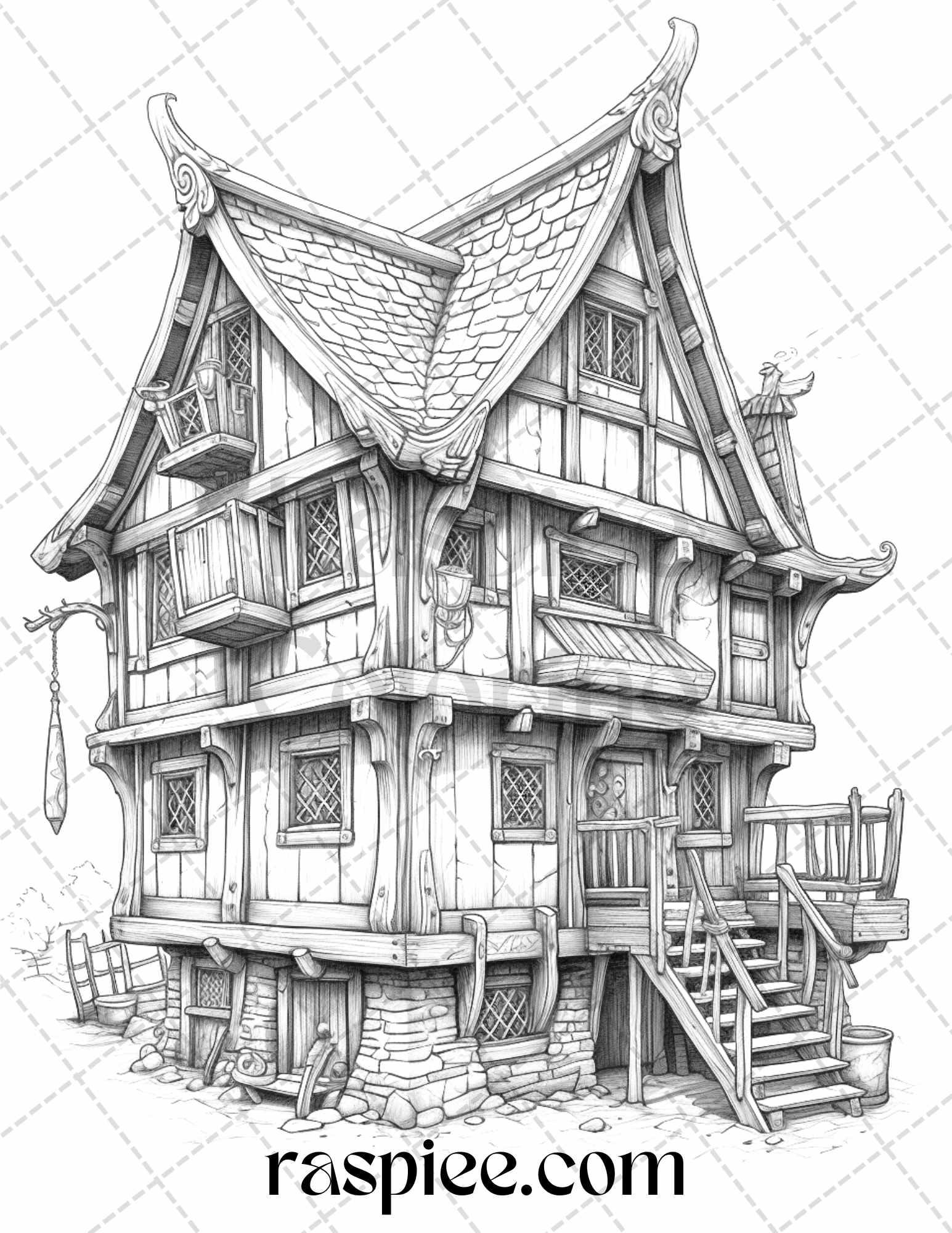 40 Viking Houses Grayscale Coloring Pages Printable for Adults, PDF File Instant Download