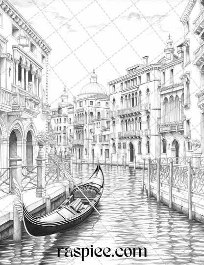 40 Beautiful Cities Travel Grayscale Coloring Pages Printable for Adults, PDF File Instant Download