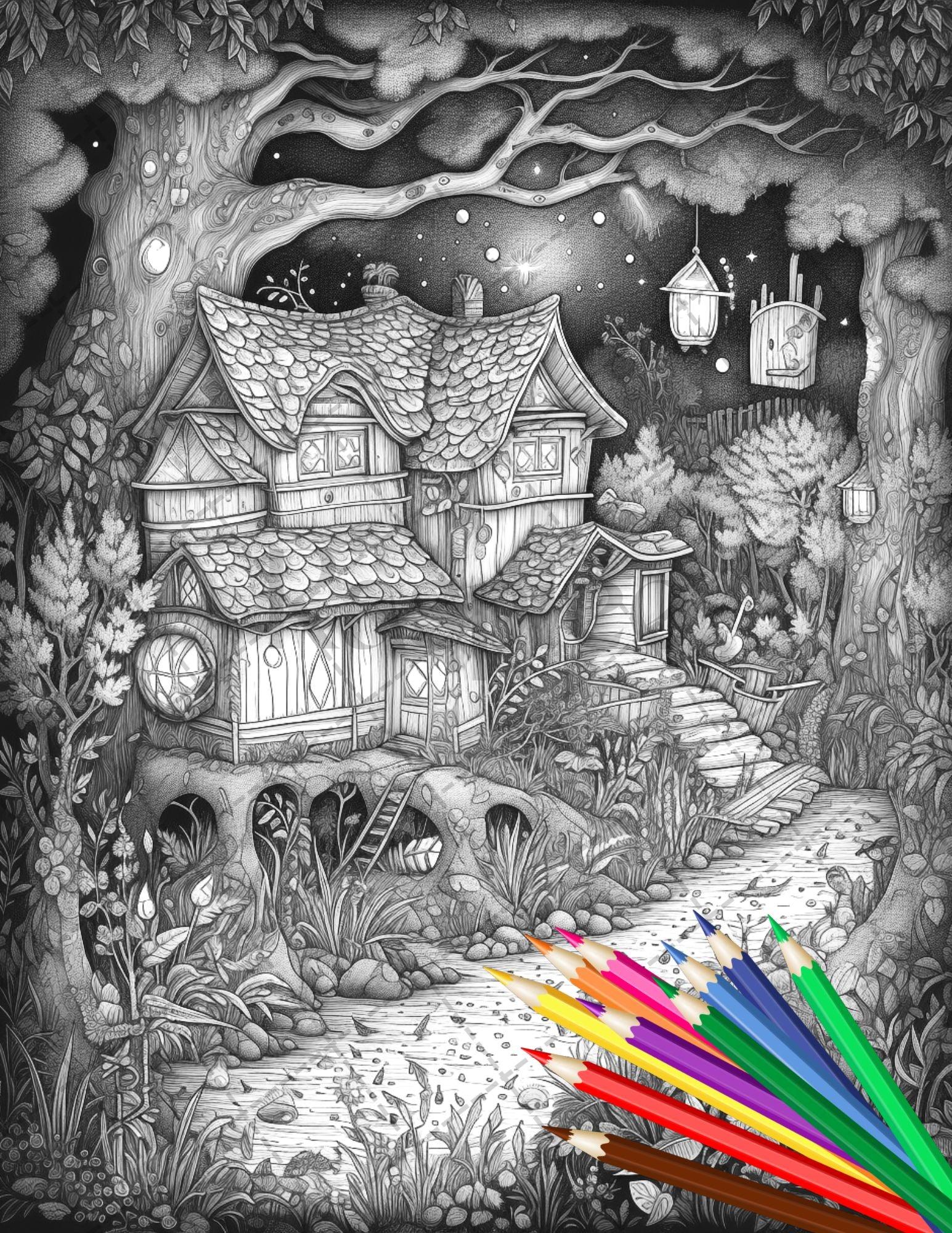 30 Fantasy Fairy Houses Coloring Page Book, Printable Adult Coloring Pages, Enchanted Fairy Home Grayscale Coloring Book, Printable PDF File