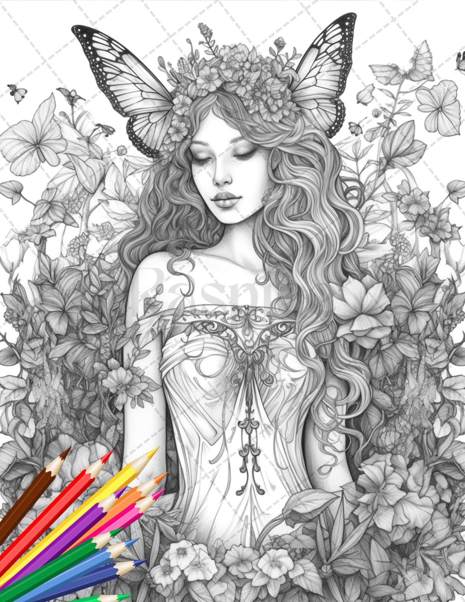 30 Beautiful Fairies Coloring Page Book for Adults, Flower Fairy Grayscale Coloring Book, Fairy Coloring Sheets, Printable PDF File Download