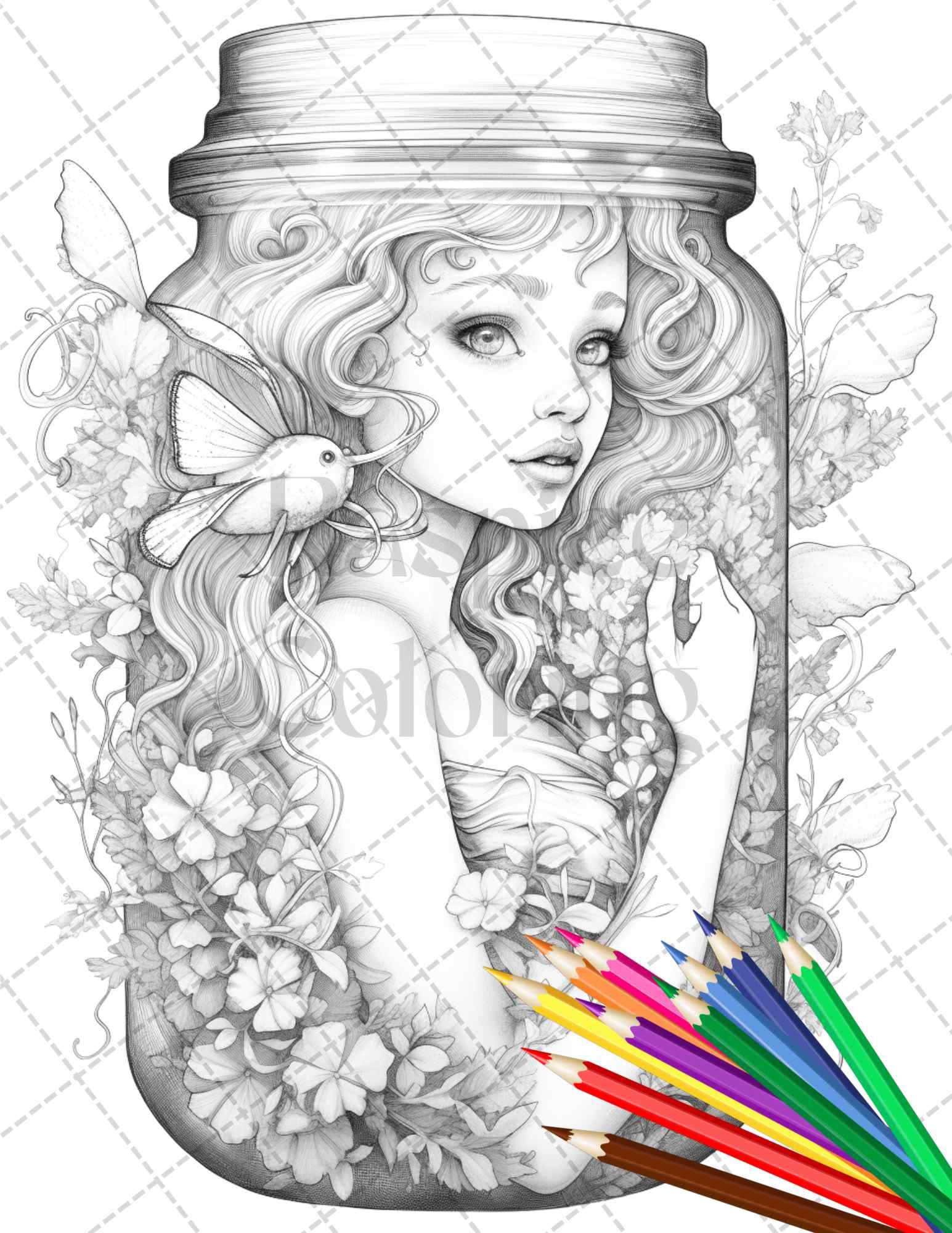 40 Beautiful Fairies in Jar Grayscale Coloring Pages Printable for Adults, PDF File Instant Download