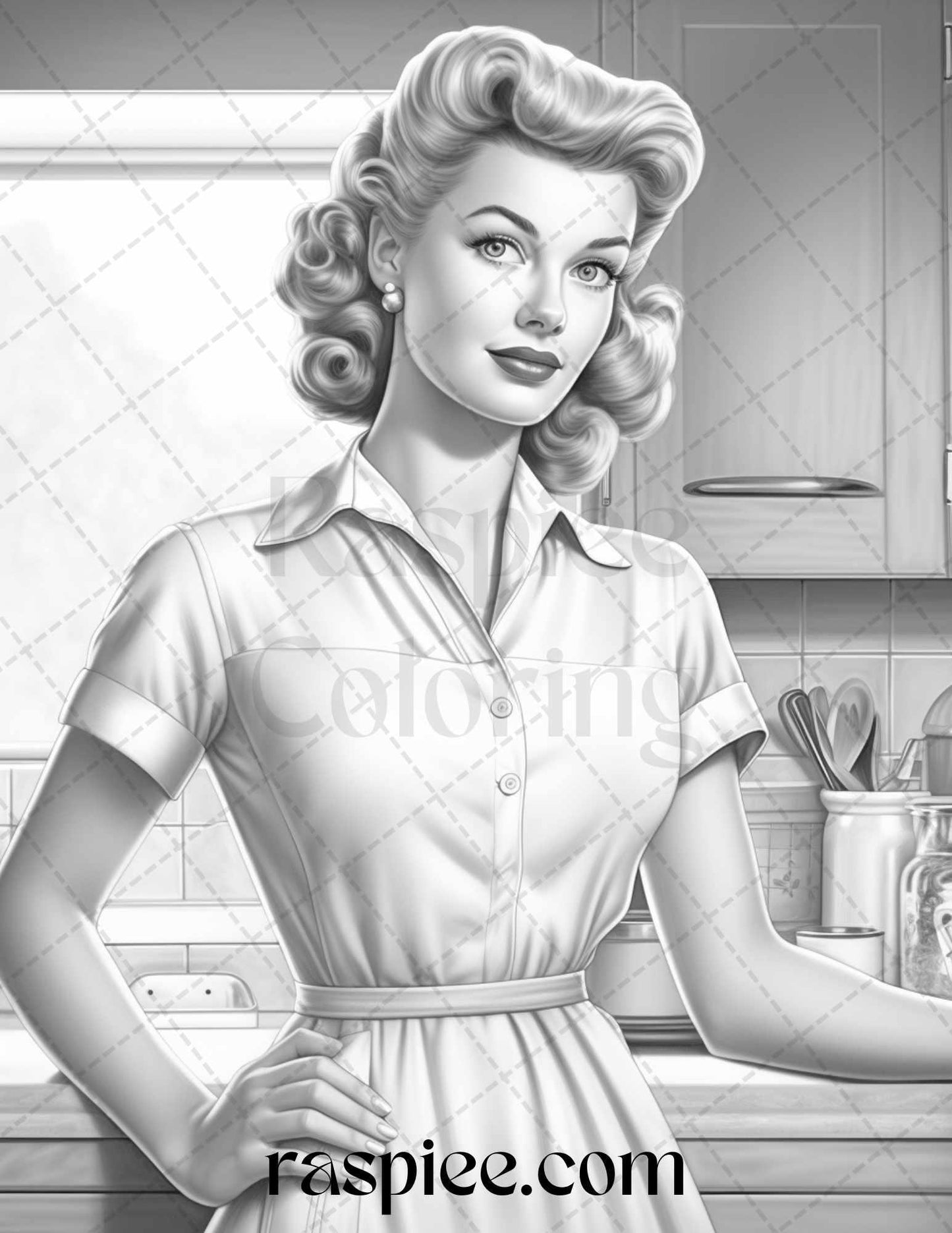 40 Retro Housewives Grayscale Coloring Pages for Adults, Printable PDF File Instant Download