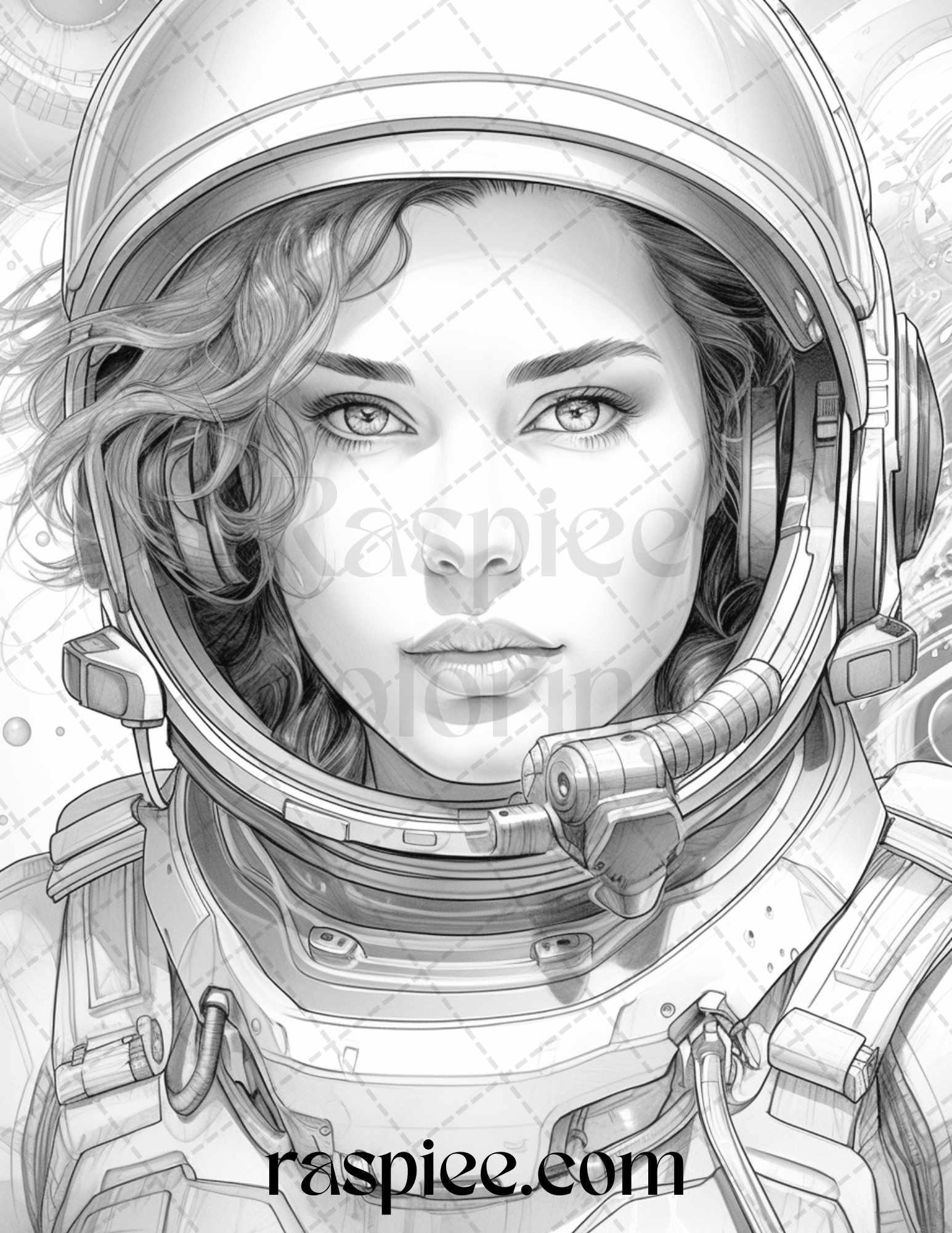 50 Astronaut Girl Portrait Grayscale Coloring Pages Printable for Adults, PDF File Instant Download