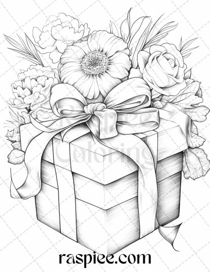 40 Flower Gift Box Grayscale Coloring Pages Printable for Adults Kids, PDF File Instant Download