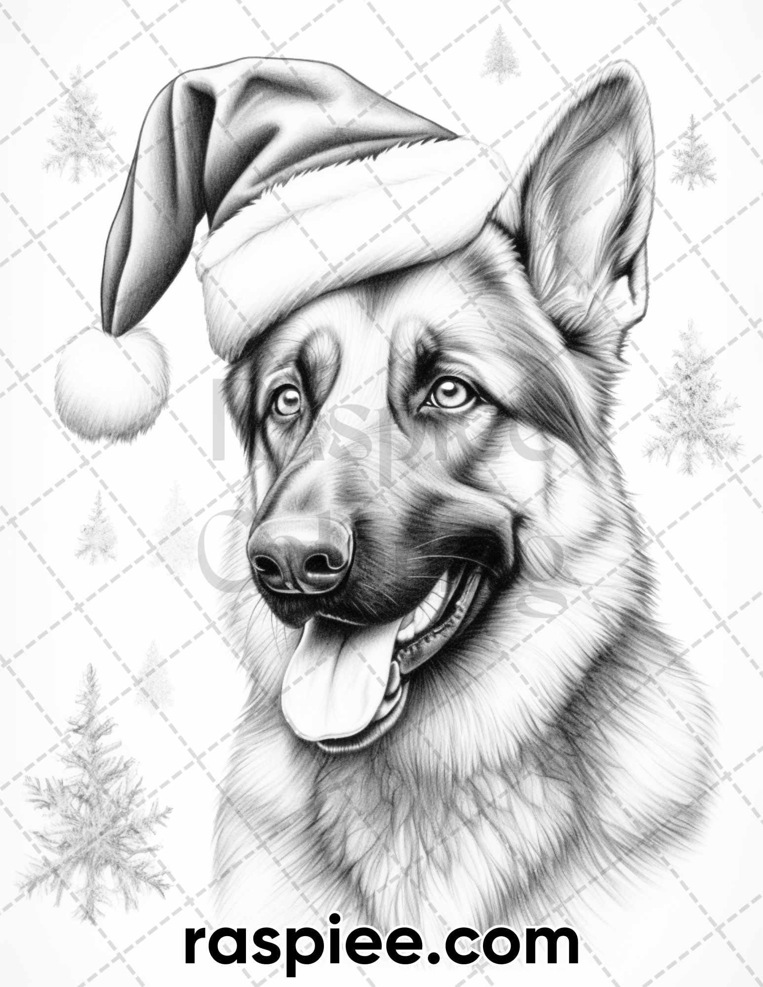 45 Christmas Dogs Grayscale Coloring Pages for Adults, Printable PDF Instant Download