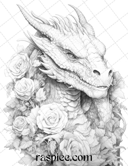 40 Flower Dragon Grayscale Coloring Pages Printable for Adults, PDF File Instant Download