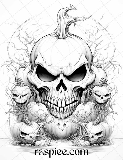 Ghoulish Halloween Grayscale Coloring Pages Printable for Adults, PDF File Instant Download