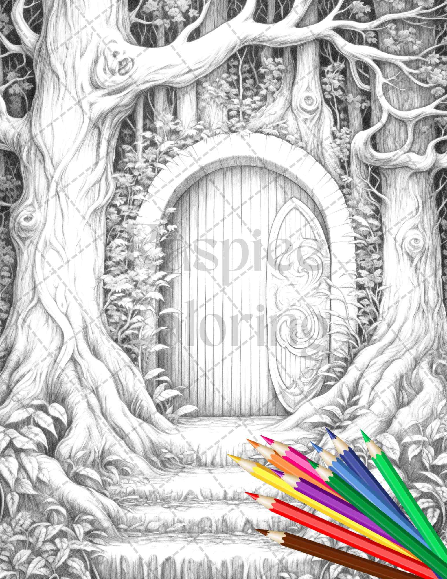 40 Magical Forest Gates Grayscale Coloring Pages Printable for Adults, PDF File Instant Download