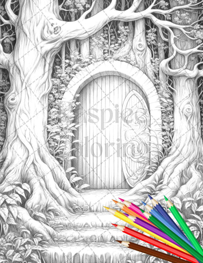 40 Magical Forest Gates Grayscale Coloring Pages Printable for Adults, PDF File Instant Download