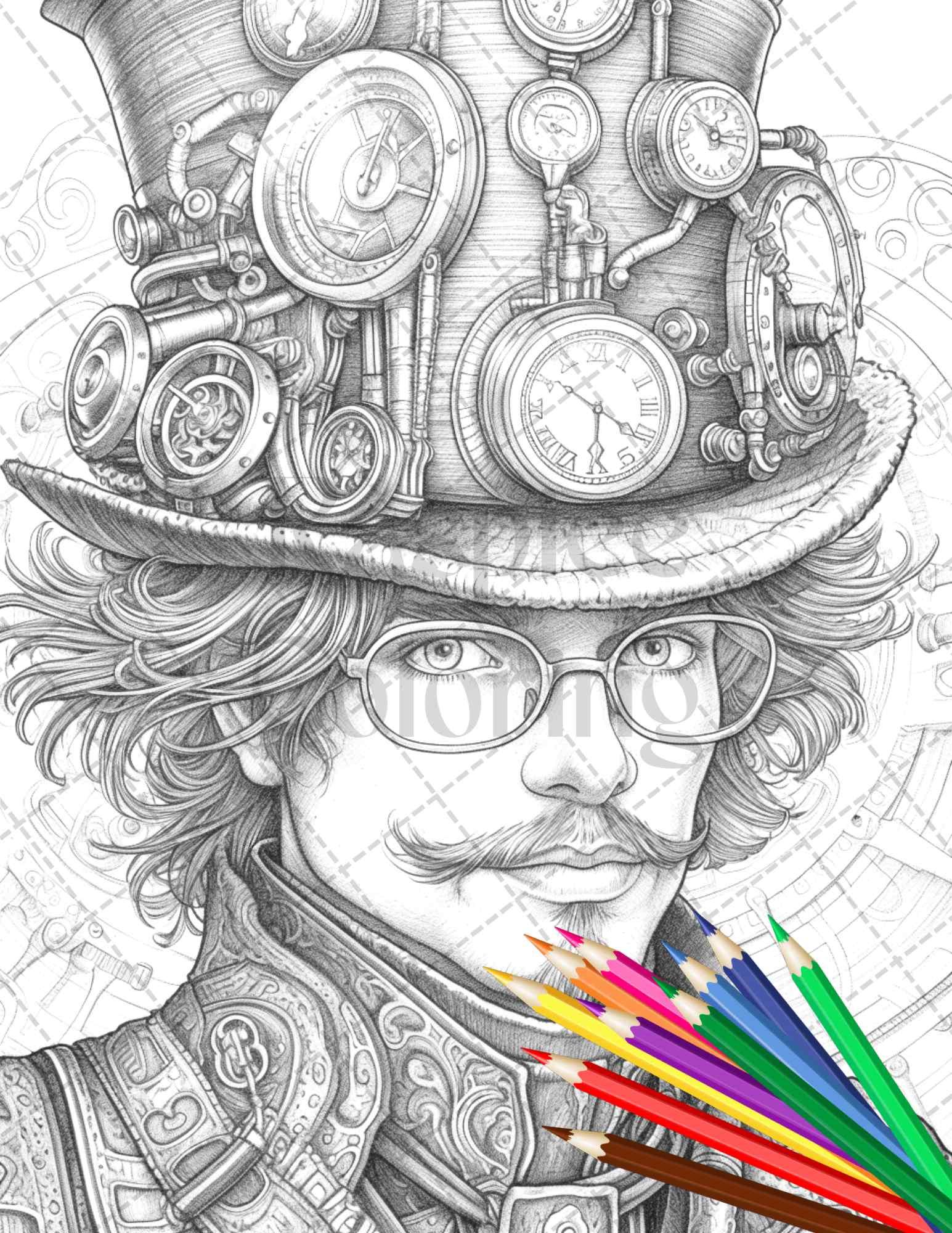 42 Steampunk Mens Grayscale Coloring Pages Printable for Adults, PDF File Instant Download