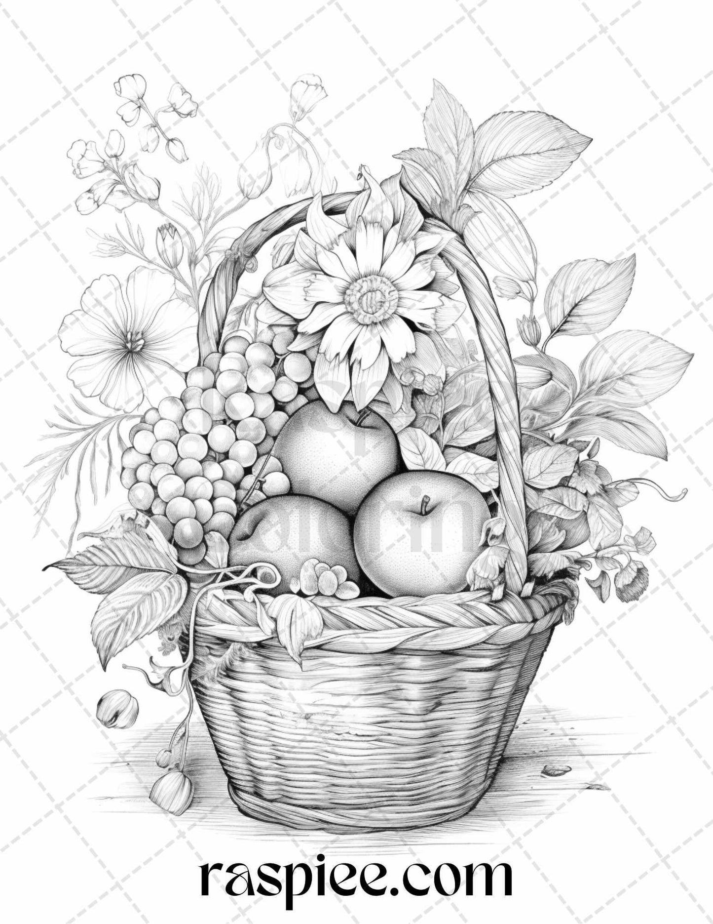 40 Fruit Basket Grayscale Coloring Pages Printable for Adults, PDF File Instant Download