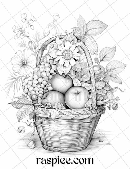 40 Fruit Basket Grayscale Coloring Pages Printable for Adults, PDF File Instant Download