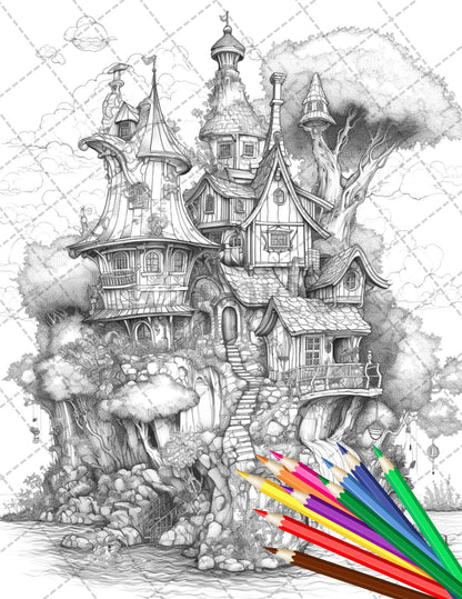 30 Fantasy Fairy Houses Coloring Page Book, Printable Adult Coloring Pages, Enchanted Fairy Home Grayscale Coloring Book, Printable PDF File