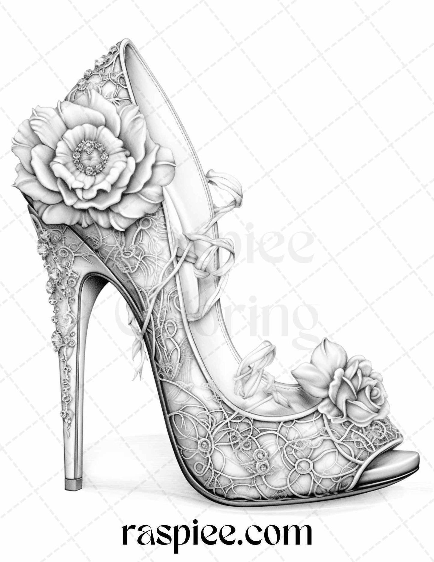 40 Flower Wedding Shoes Grayscale Coloring Pages Printable for Adults, PDF File Instant Download