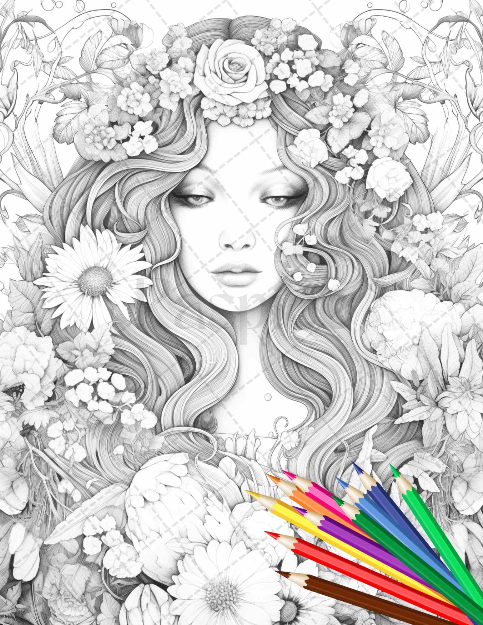 38 Flower Goddess Coloring Pages Printable for Adults, Grayscale Coloring Page, PDF File Instant Download