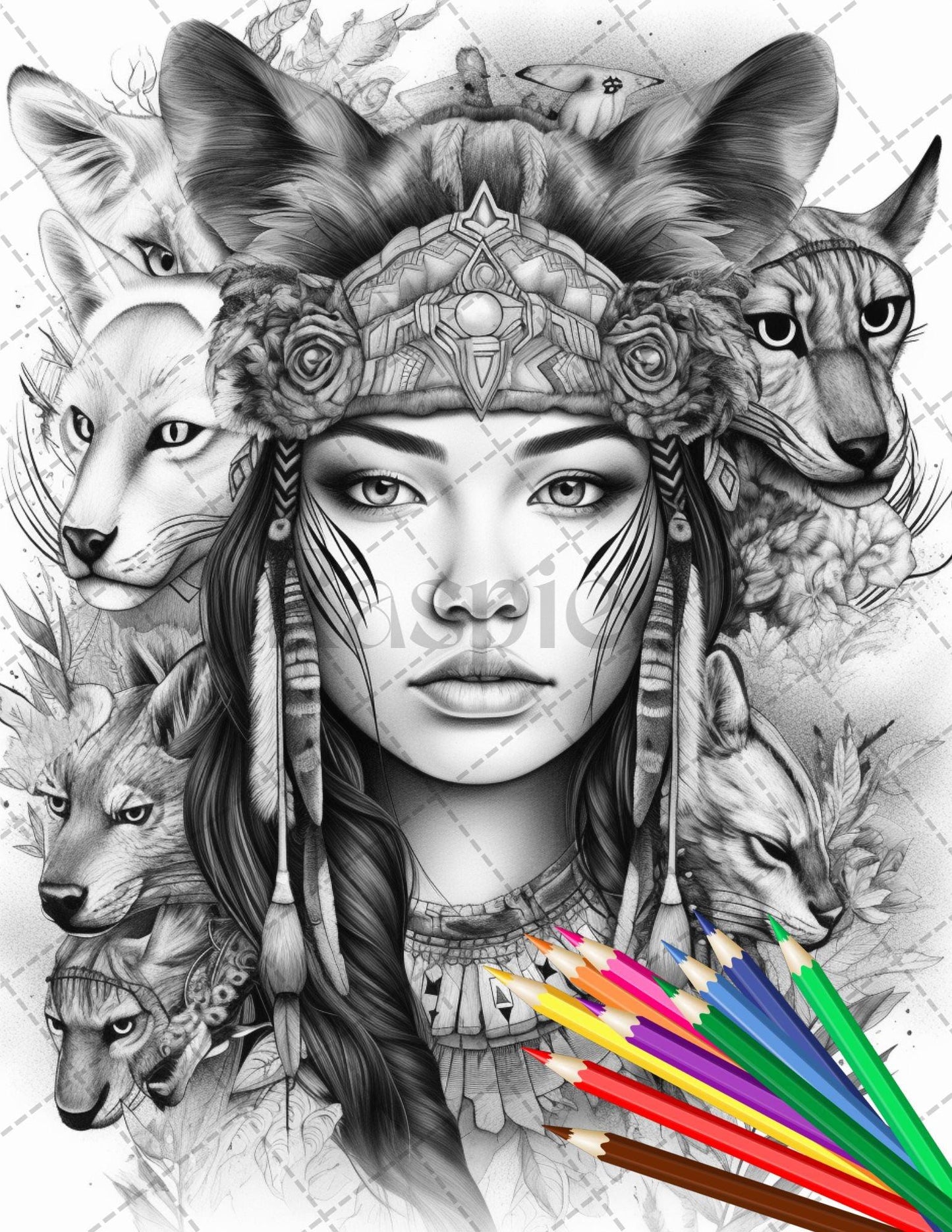 30 Native American Girls Printable Coloring Pages for Adult, Native American Culture Grayscale Coloring Book, Printable PDF File Download