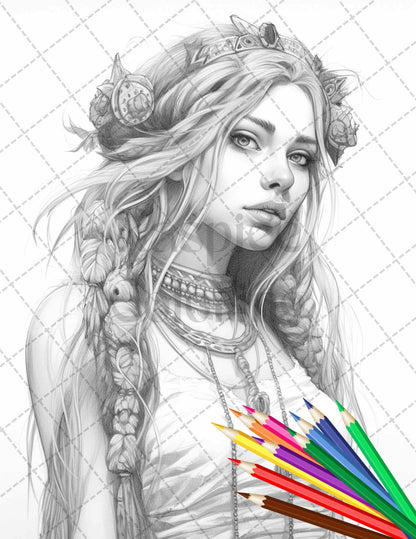 43 Beautiful Hippie Girls Grayscale Coloring Pages Printable for Adults, PDF File Instant Download