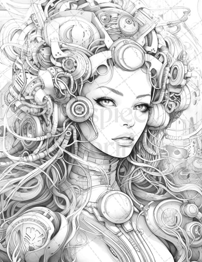 40 Beautiful Cyborg Girls Grayscale Coloring Pages Printable for Adults, PDF File Instant Download