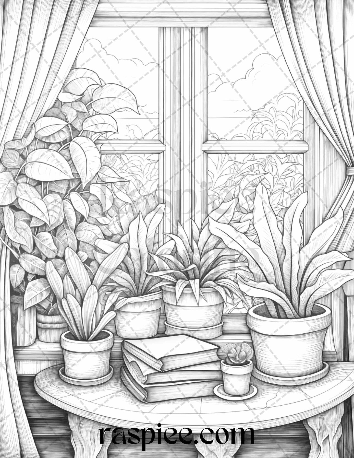 40 Window Plants Grayscale Coloring Pages Printable for Adults, PDF File Instant Download