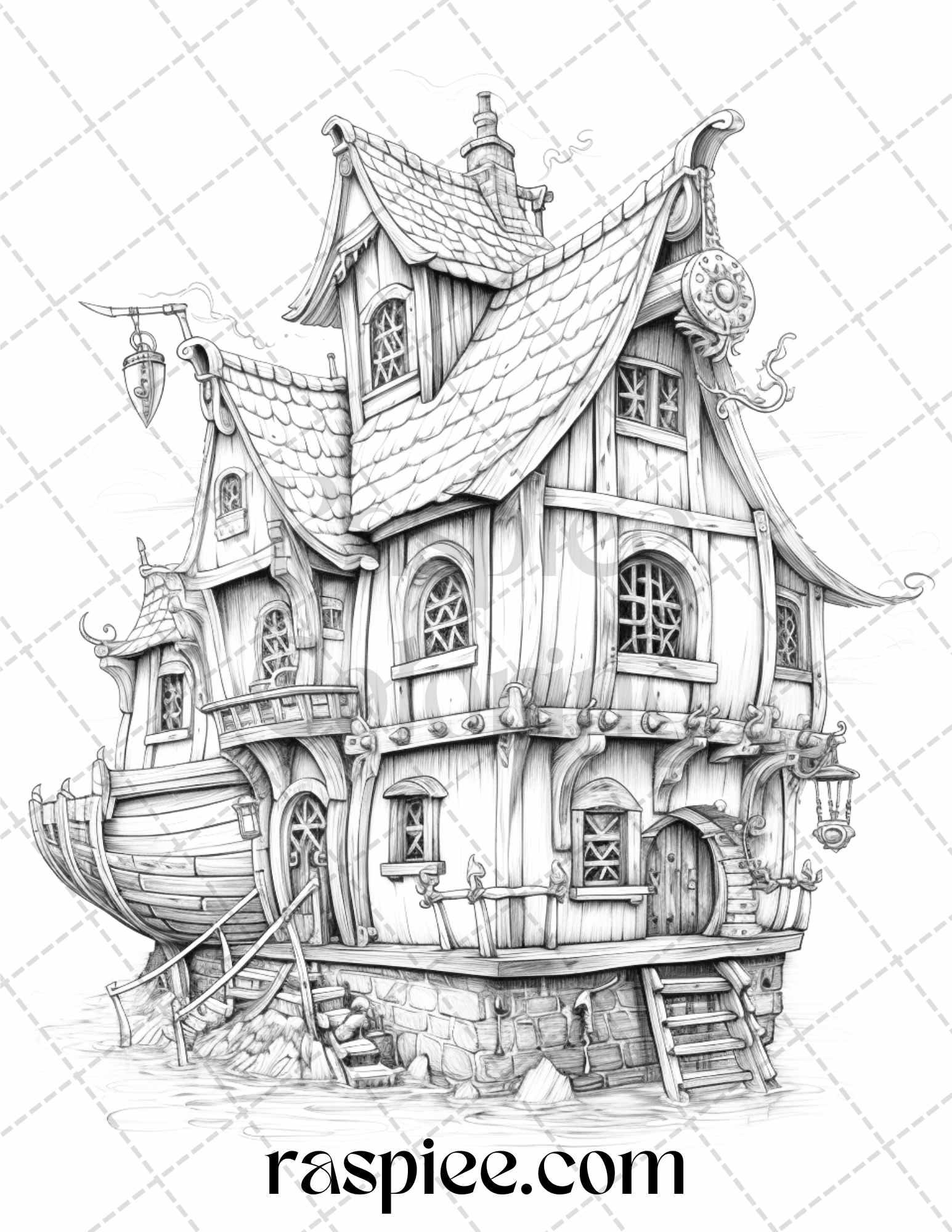 40 Viking Houses Grayscale Coloring Pages Printable for Adults, PDF File Instant Download