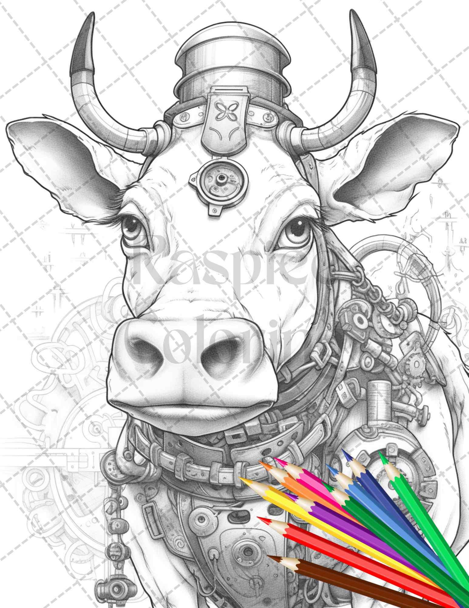 45 Steampunk Animals Grayscale Coloring Pages Printable for Adults Vol. 2, PDF File Instant Download